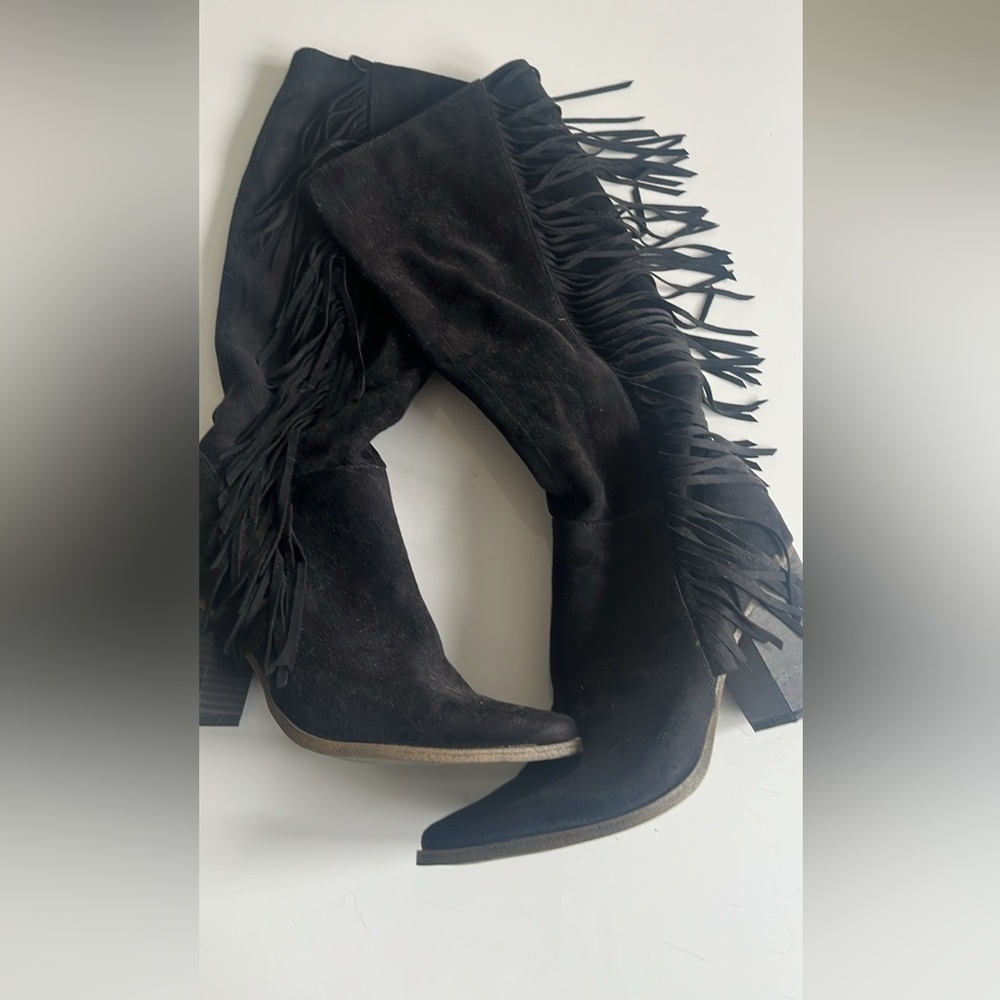 Black Fringe Faux Suede Boots